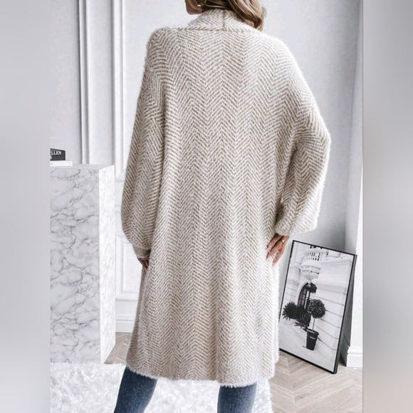 New Chic Fluffy Chevron Knit Cardigan Sweater Duster Off White Tan - Picture 5 of 8